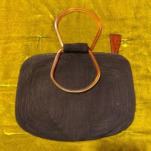 Vintage Corde brown Lucite handle and zipper pull black bag purse clutch 10”